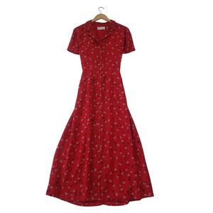 First Issue Dress Womens 14 Red Floral Button Front Maxi Tie Back Vintage 90s
